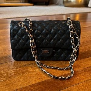 Black Pebbled Leather Quilted Convertible Crossbody w/ Gold Hardware